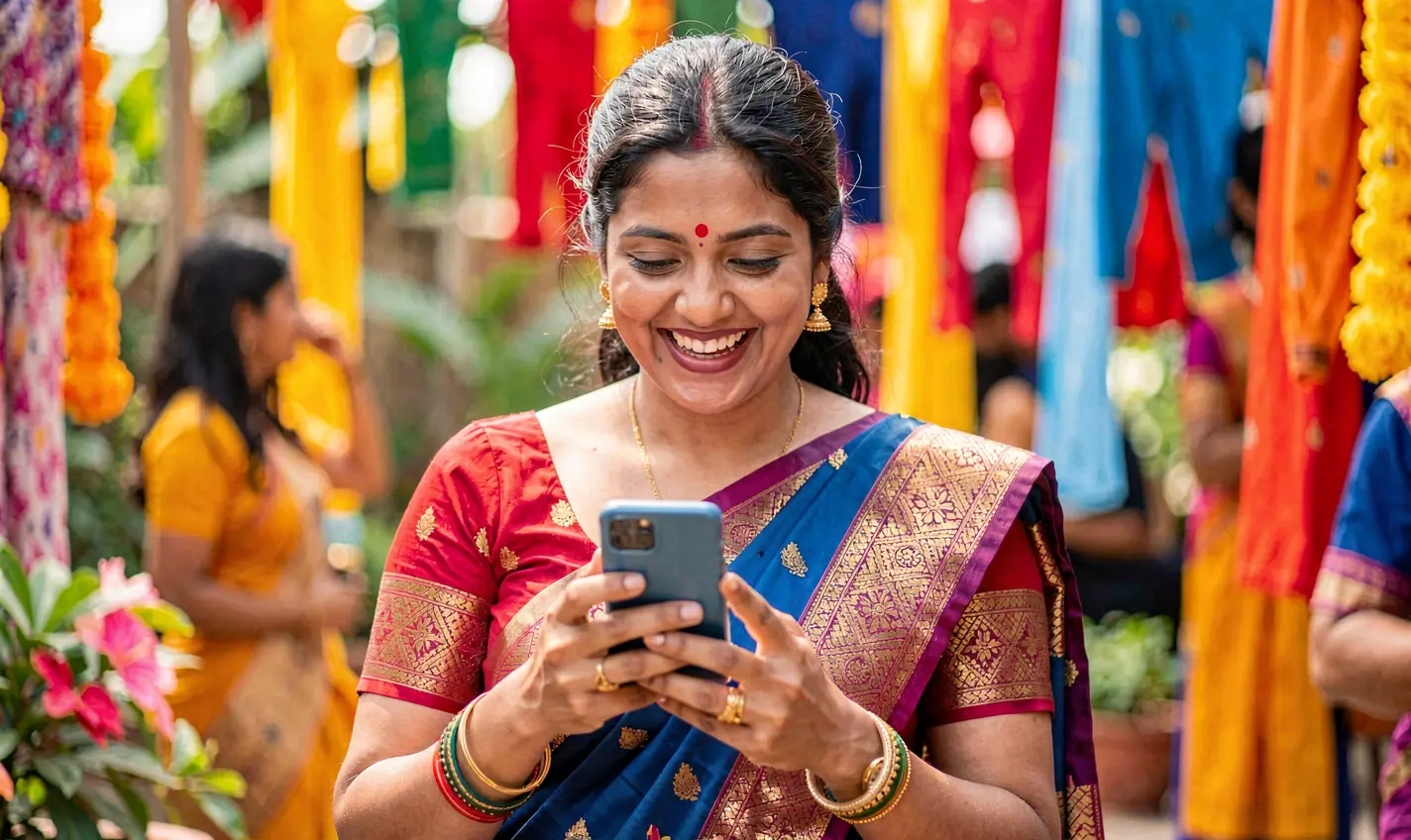 Happy Bangladeshi woman in a traditional sari smiling while using the 81OK casino app on her smartphone