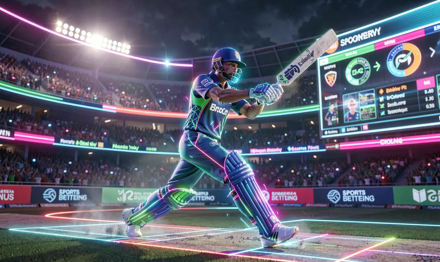 Futuristic neon cricket player in mid shot with glowing effects representing high tech cricket betting on 81OK in Bangladesh