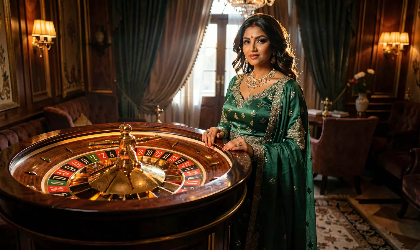 Elegant casino scene with a glamorous woman in a green gown standing near a roulette table symbolizing luxury gaming and bonus rewards at 81OK Casino Bangladesh
