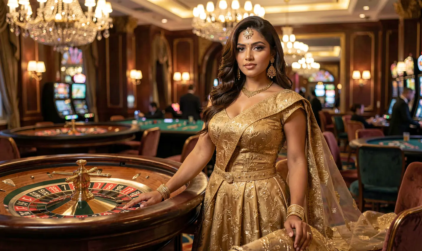Elegant woman in a shimmering gold dress standing by a roulette table in a luxurious casino atmosphere showcasing the premium gaming experience at 81OK for players in Bangladesh