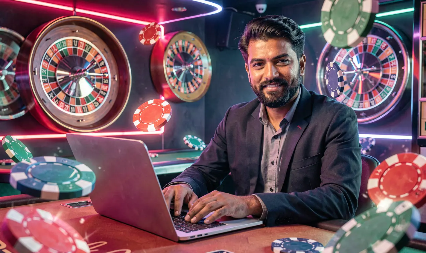 Confident Bangladeshi player enjoying immersive online casino gameplay with glowing roulette wheels and digital effects on 81OK