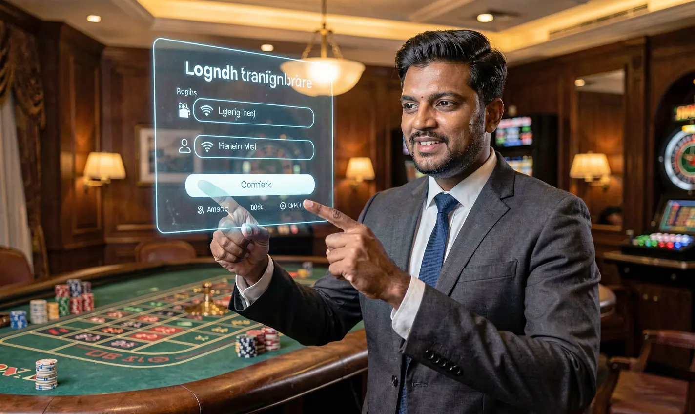 Confident casino dealer from Bangladesh pointing at a glowing holographic login panel with a roulette table behind him representing secure access on 81OK