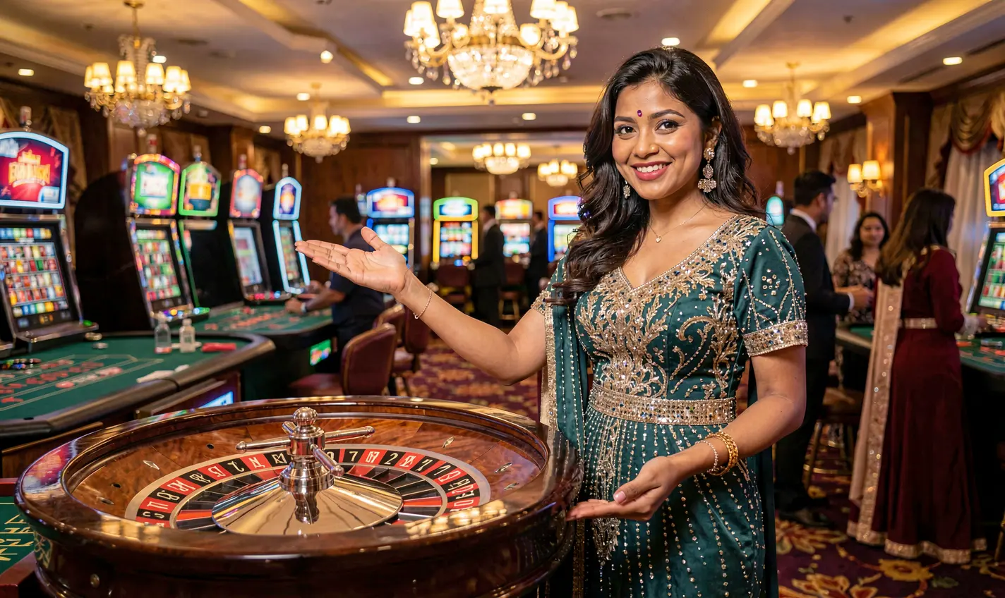 Elegant live casino dealer in a red evening dress standing at a roulette table with glowing lights and a luxury atmosphere at 81OK Casino for players in Bangladesh