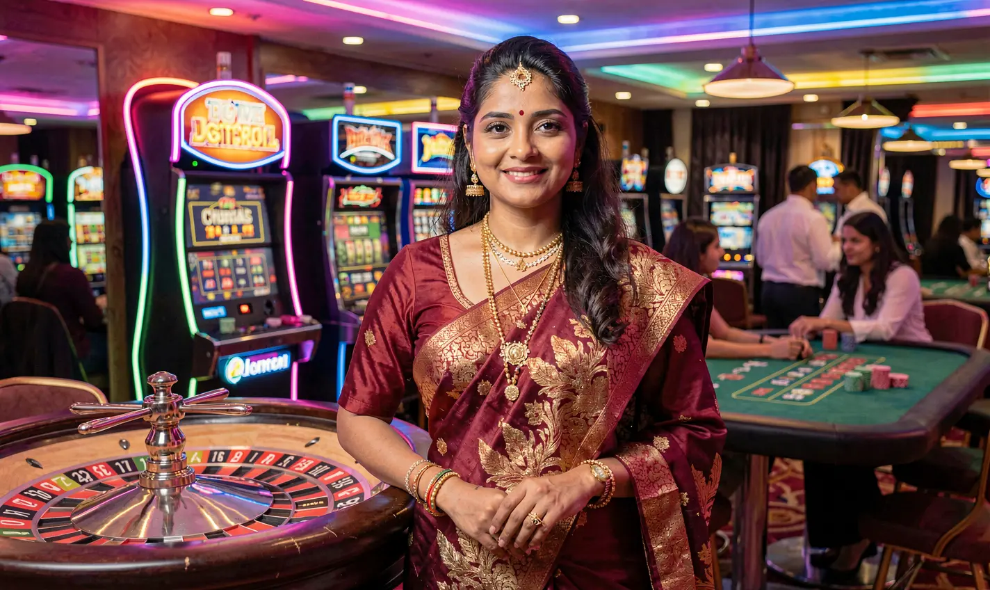 Professional live casino dealer standing at a roulette table with vibrant lights and gaming elements in the background representing the immersive 81OK live casino experience in Bangladesh