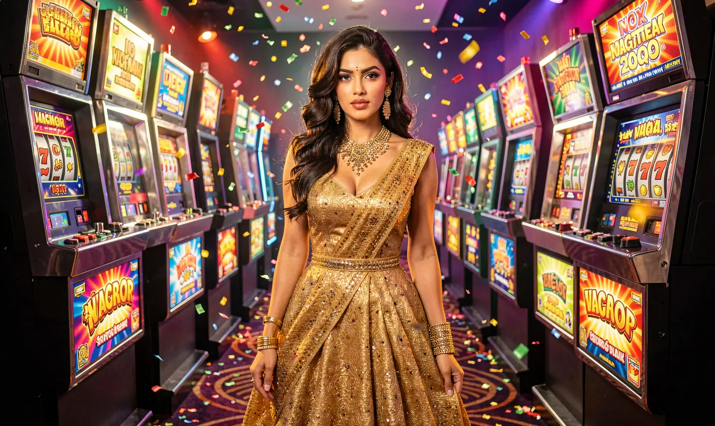 Elegant woman in a golden dress surrounded by glowing slot machines in a luxurious casino atmosphere representing the premium online gaming experience of 81OK for players in Bangladesh
